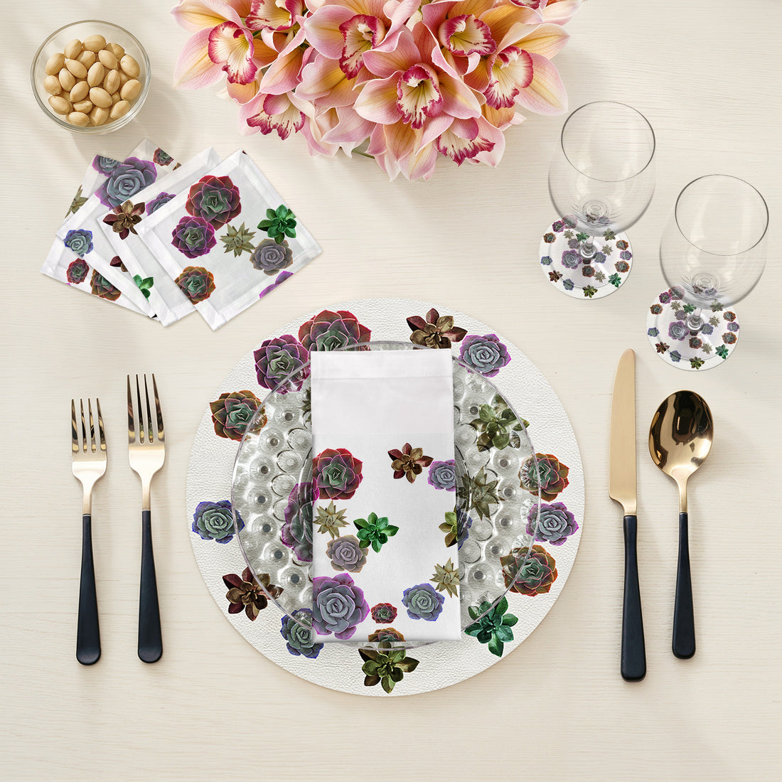 Lot de 4 sets de table ronds en galets, motif succulentes et pastels flottants, 40 cm