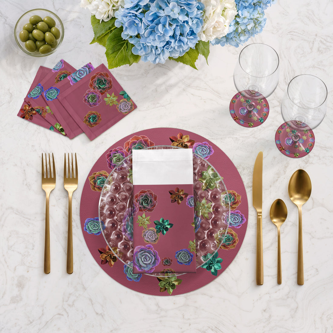 Ensemble de 4 sets de table ronds en galets, motif succulentes flottantes, mauve, 40 cm