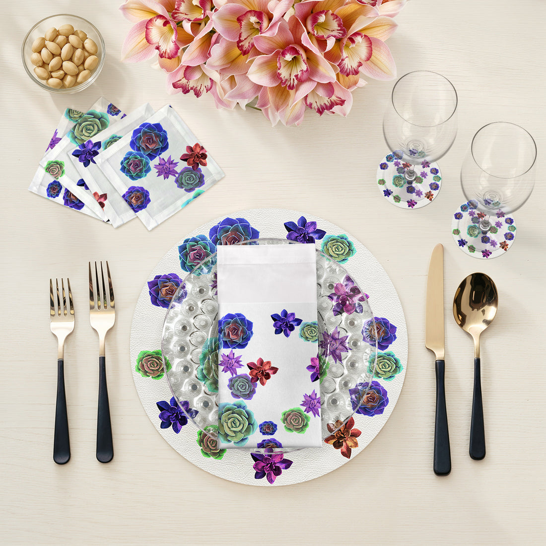 Ensemble de 4 sets de table ronds en galets Succulents Floating Intenso de 40 cm