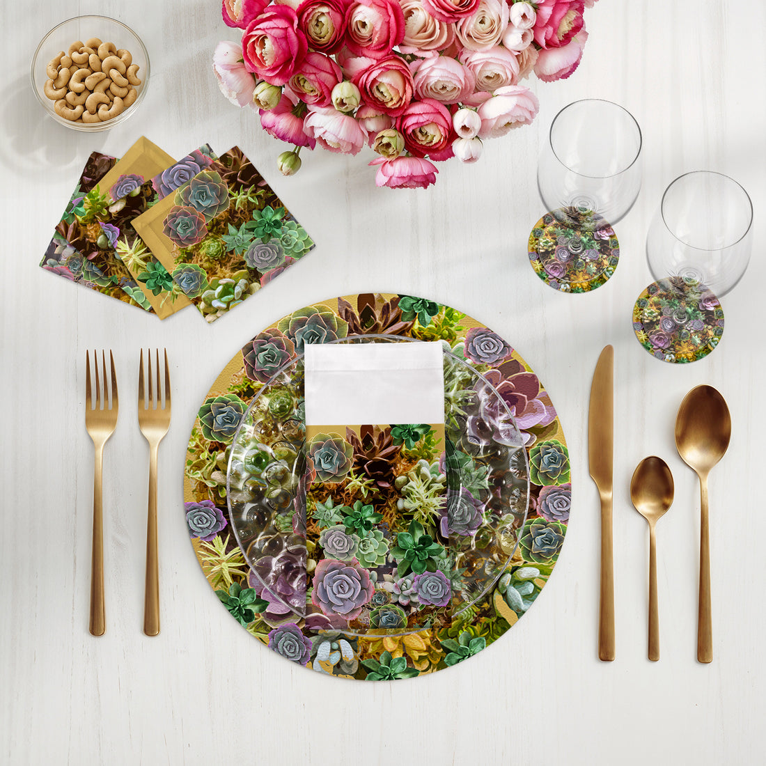 Ensemble de 4 sets de table ronds en galets Succulents Gold 16&quot;