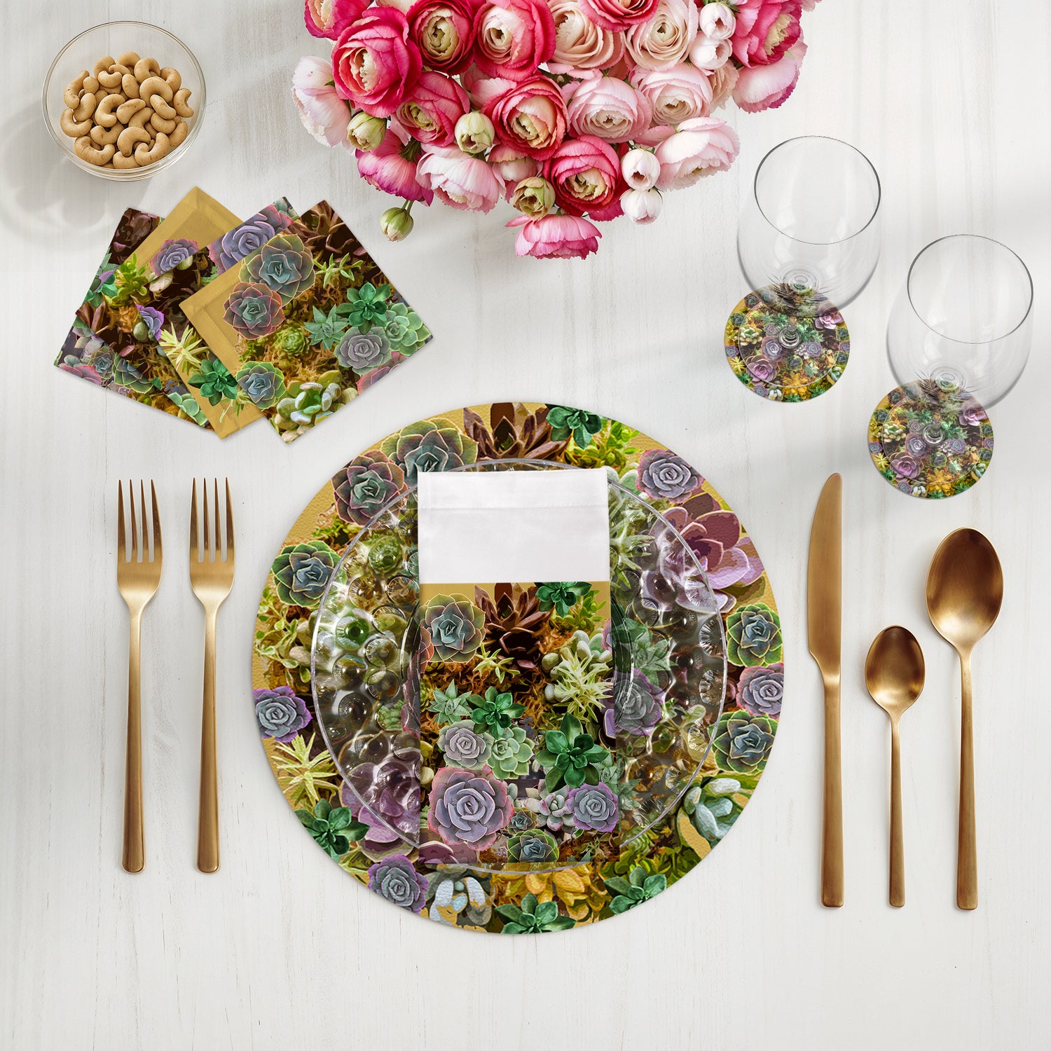 Ensemble de 4 sets de table ronds en galets Succulents Gold 16&quot;