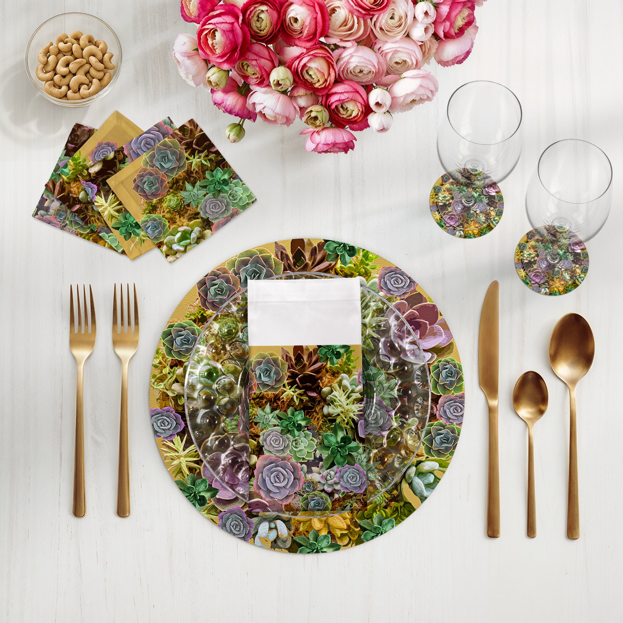 Ensemble de 4 sets de table ronds en galets Succulents Gold 16&quot;