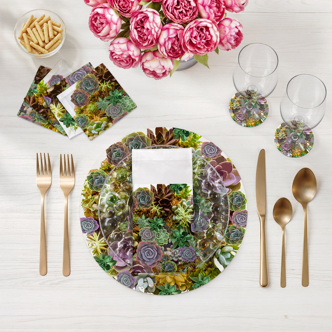 Succulents White 16" Round Pebble Placemats, Set of 4 - nicolettemayer.com