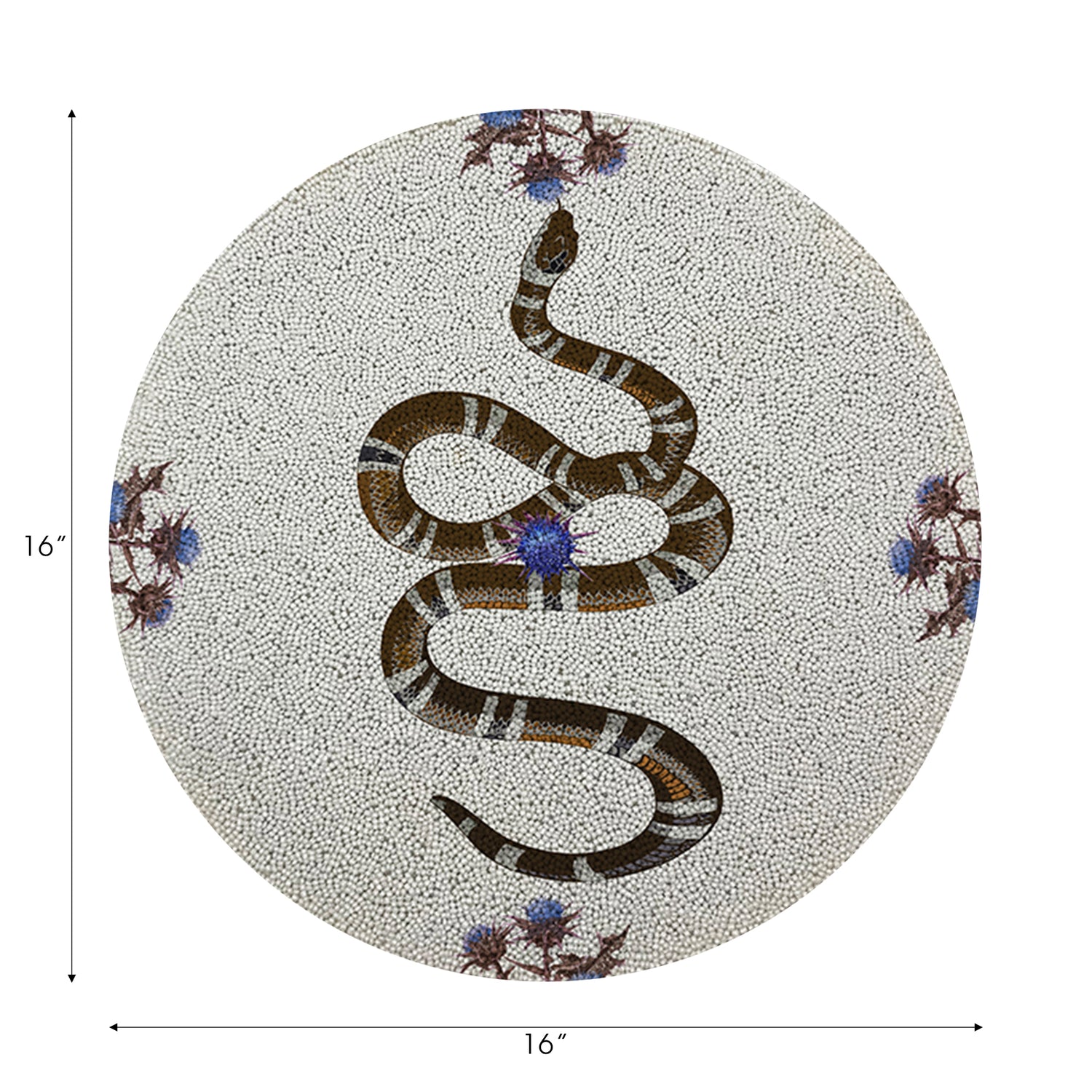 Round decorative item with a snake design on a white background