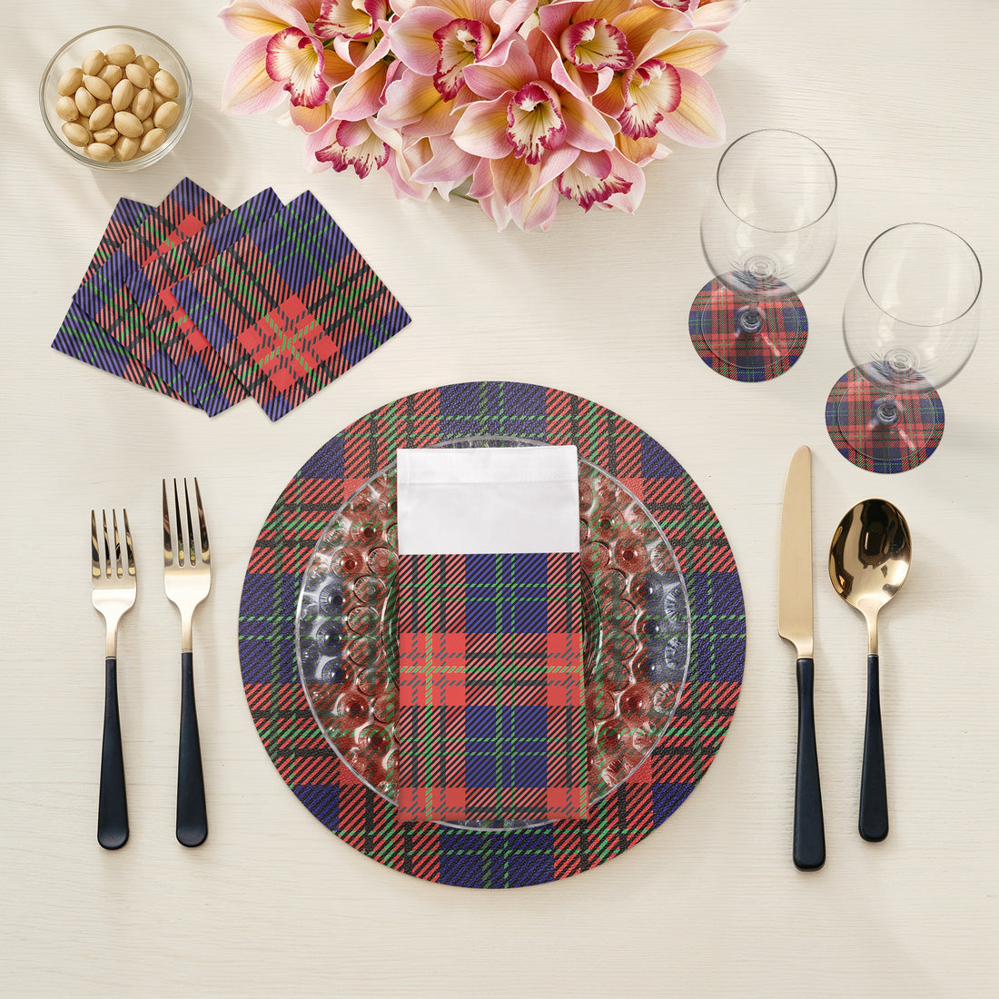 SET DE TABLE 16 GALETS RONDS TARTAN BLEU, LOT DE 4