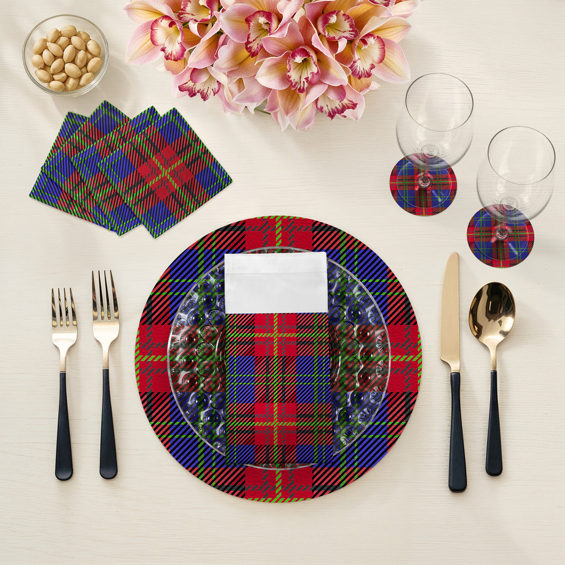 Tartan Blue Vegan Leather Round Pebble Placemat