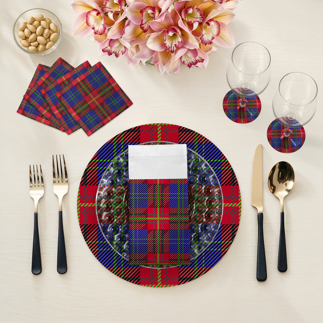 Tartan Blue Vegan Leather Round Pebble Placemat