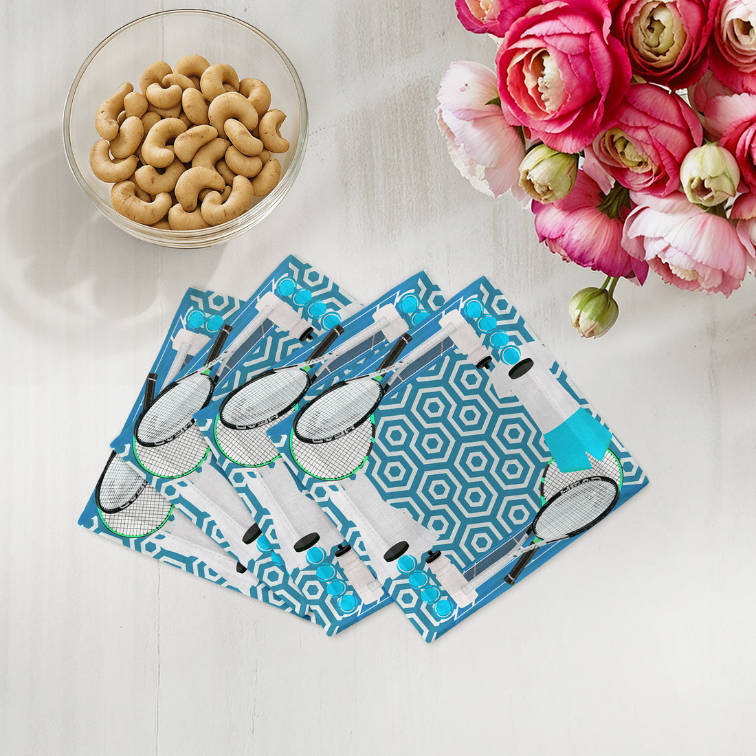 Tennis Anyone Blue White Cotton Sateen Cocktail Napkins - nicolettemayer.com