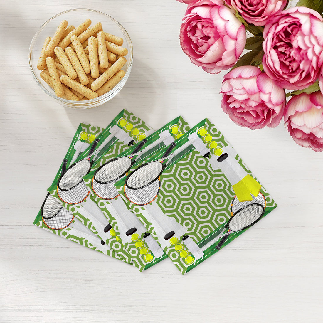 Tennis Anyone Green White Cotton Sateen Cocktail Napkins - nicolettemayer.com