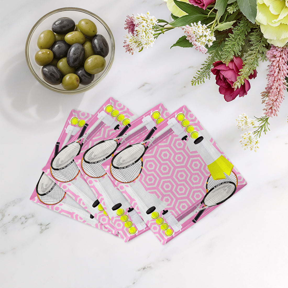 Tennis Anyone Pink White Cotton Sateen Cocktail Napkins - nicolettemayer.com