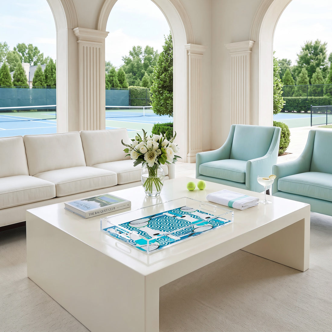 Tennis Anyone Blue White Acrylic Rectangle Decorative Tray, 12.5 x 7.75 in., 17 x 10.5 in., 22.5 x 14.5 in. by Nicolette Mayer
