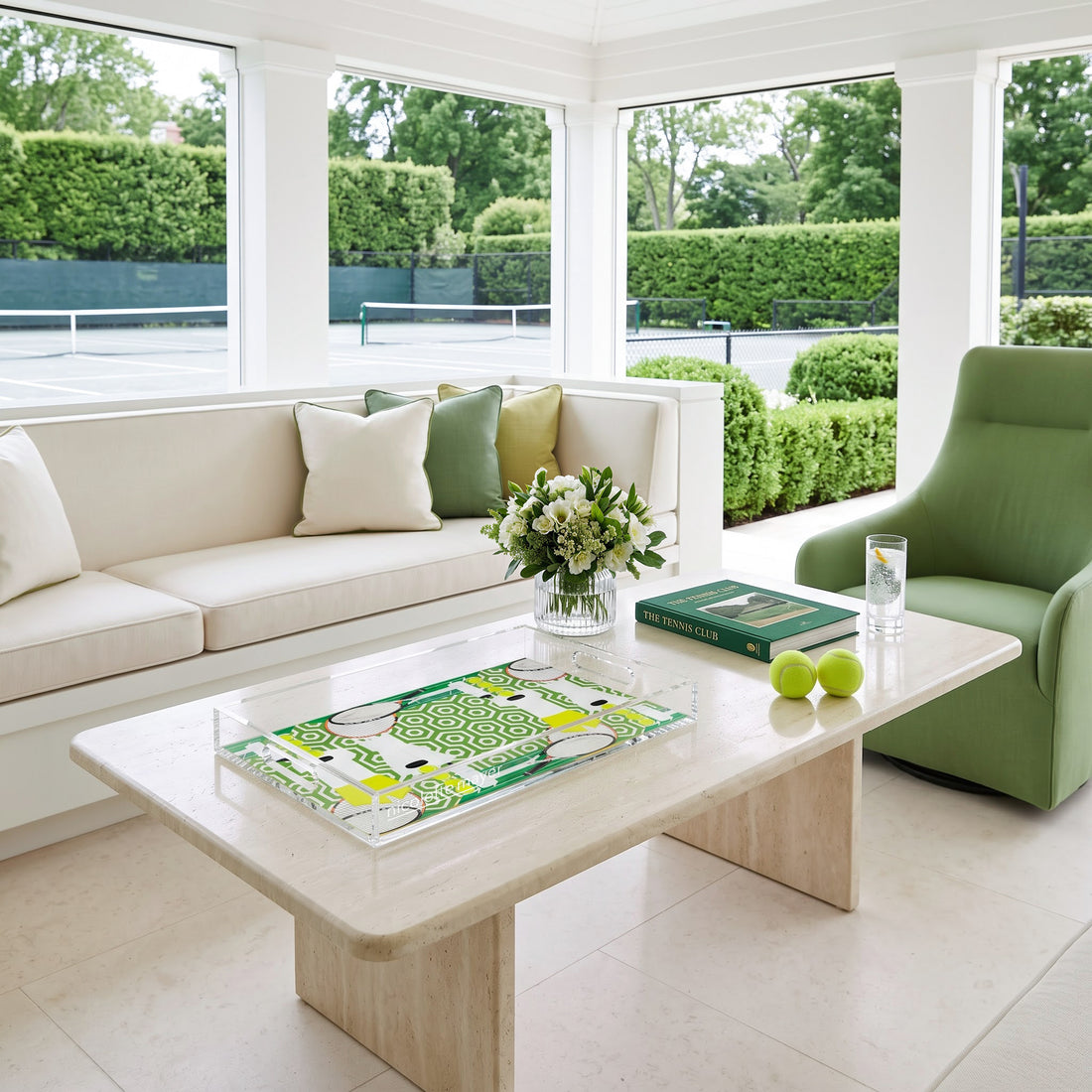 Tennis Anyone Green White Acrylic Rectangle Decorative Tray, 12.5 x 7.75 in., 17 x 10.5 in., 22.5 x 14.5 in. by Nicolette Mayer
