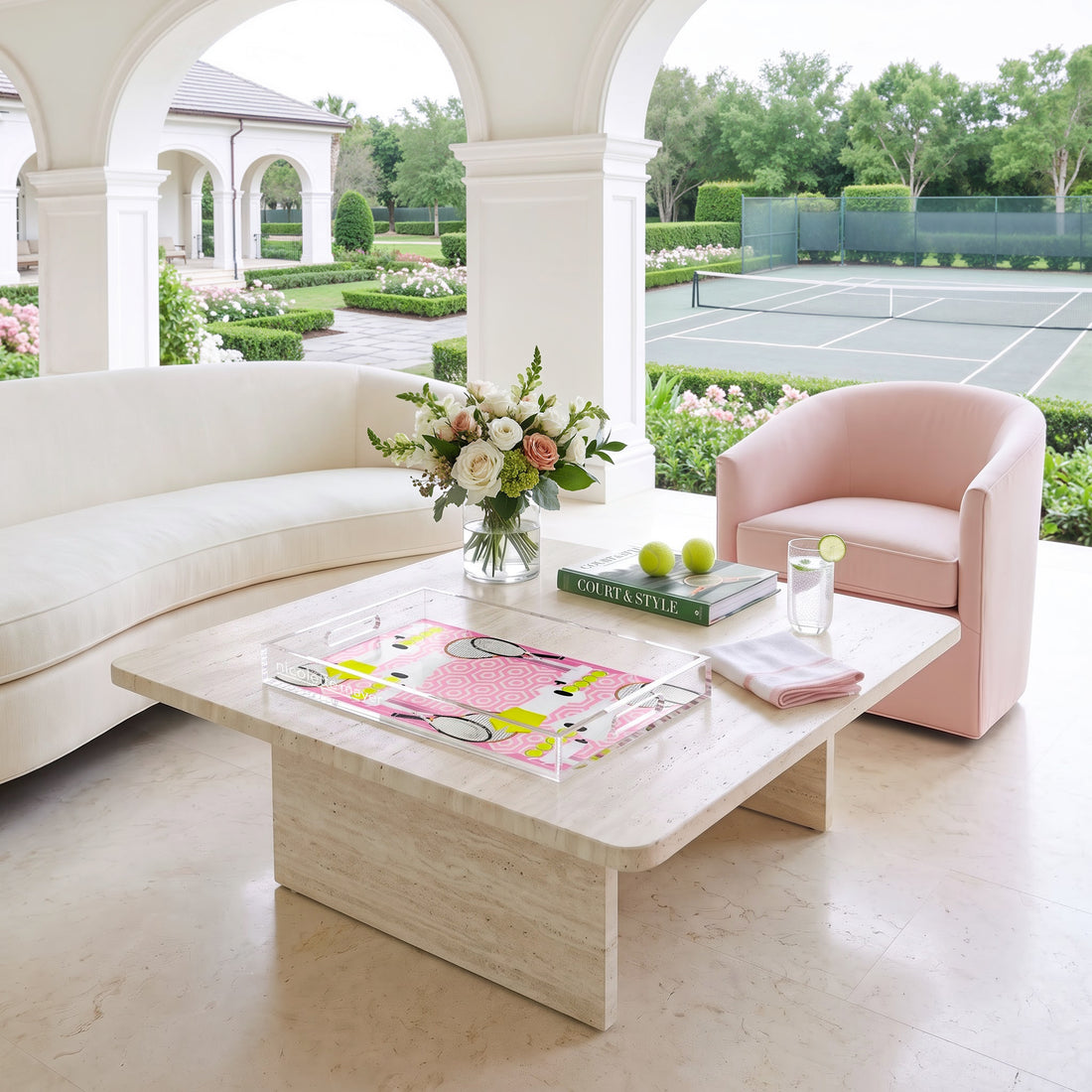 Tennis Anyone Pink White Acrylic Rectangle Decorative Tray, 12.5 x 7.75 in., 17 x 10.5 in., 22.5 x 14.5 in. by Nicolette Mayer

