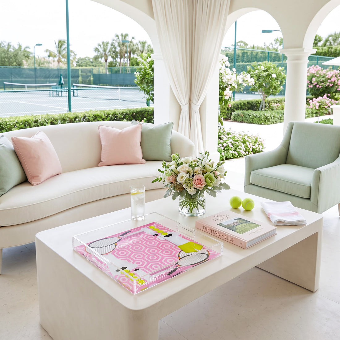 Tennis Anyone Pink White Acrylic Square Decorative Tray, 12x 12 in., 15 x 15 in., 18 x 18 in. by Nicolette Mayer 
