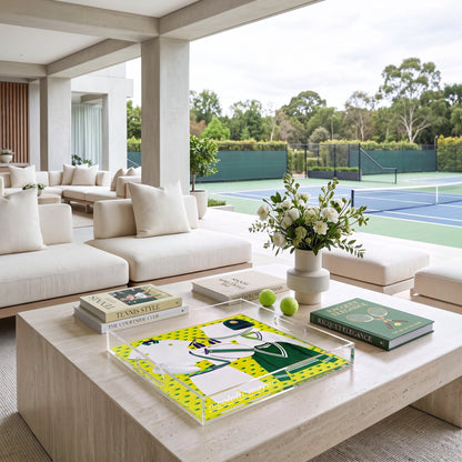 Tenniscore Fashion Chartreuse Kelly Tennis Acrylic Square Decorative Tray, 12x 12 in., 15 x 15 in., 18 x 18 in. by Nicolette Mayer 