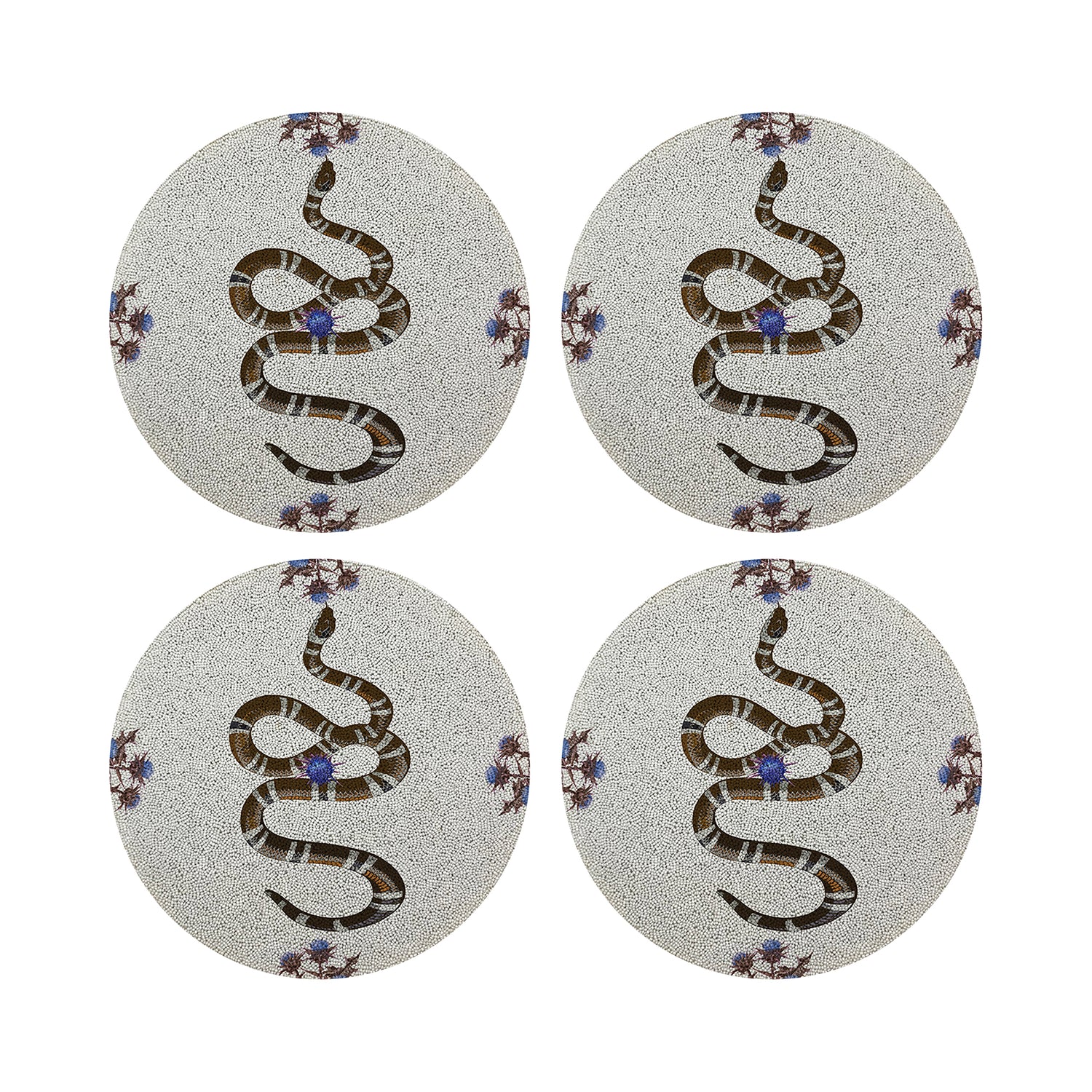 Thistle And Snake Blue White Round Beaded Placemat Smooth
