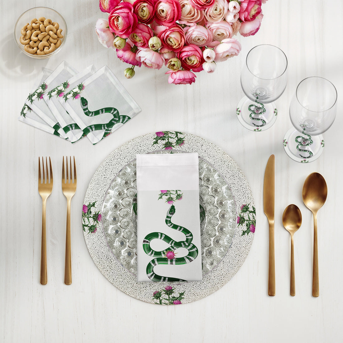 Thistle And Snake Pink White Round Beaded Placemat Smooth
