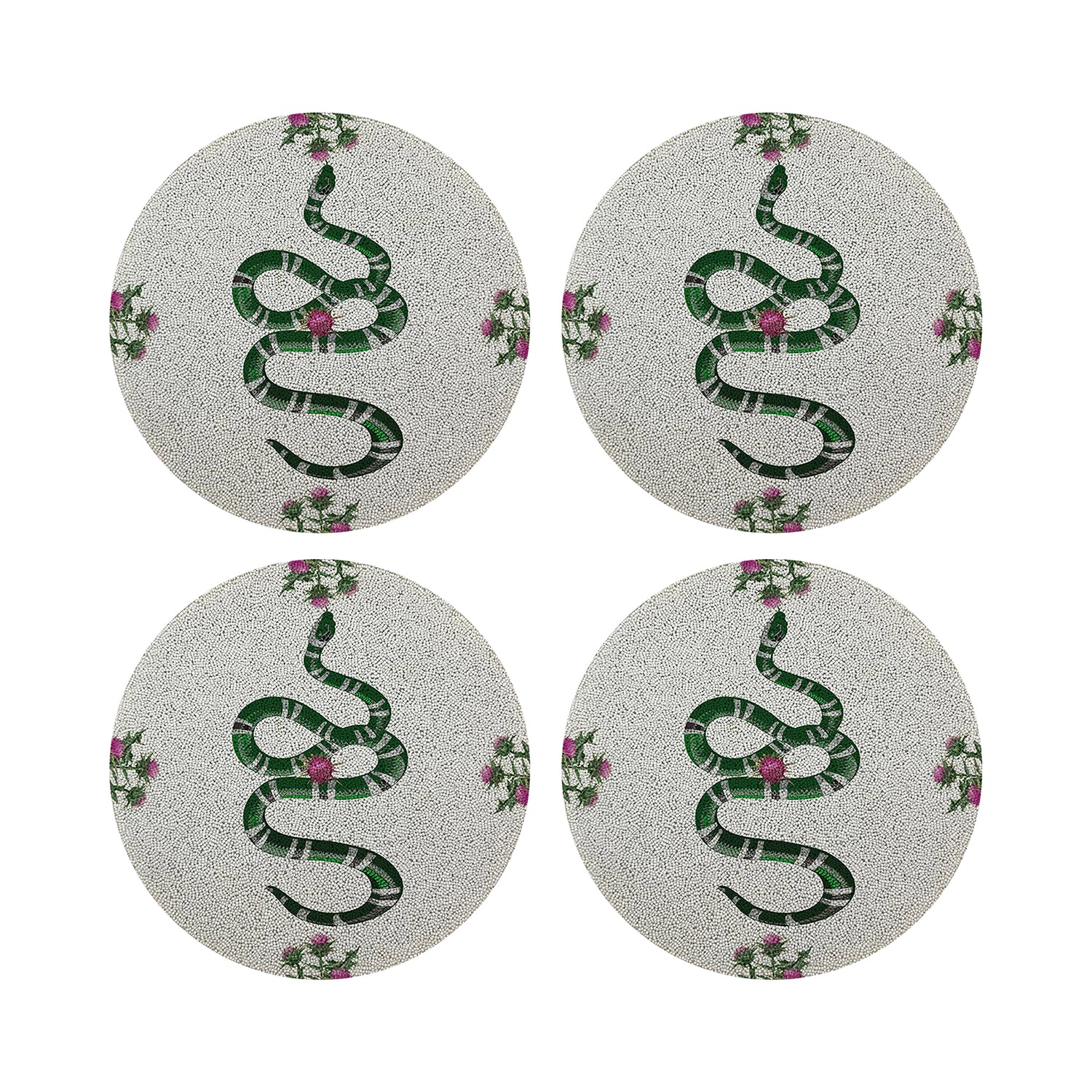 Thistle And Snake Pink White Round Beaded Placemat Smooth