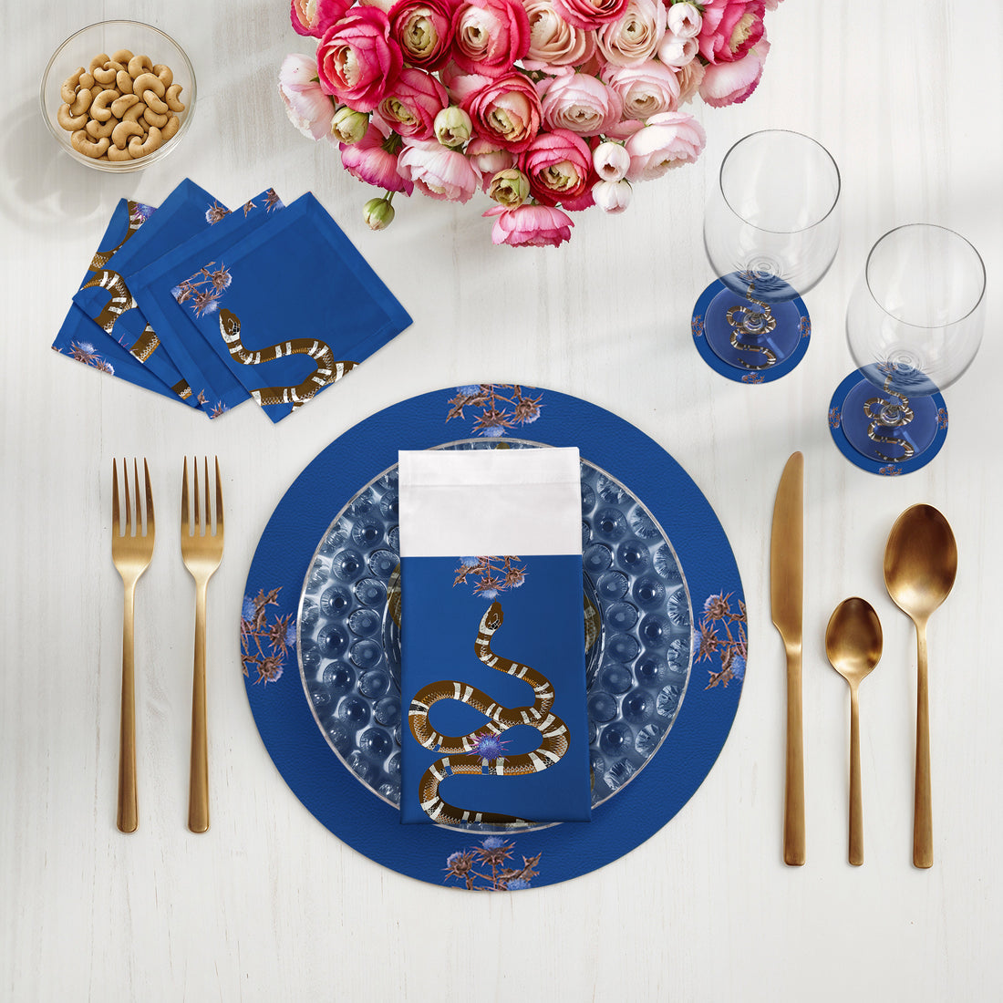 Distel-und-Schlange-Blau-16&quot;-Runde-Kieselstein-Tischsets-Set-von-4