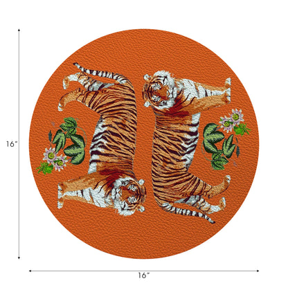 Tiger Seeing Double Orange Vegan Leather Round Pebble Placemat