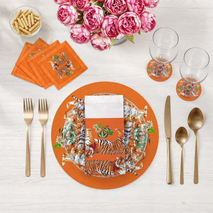 Tiger Seeing Double Orange Vegan Leather Round Coasters