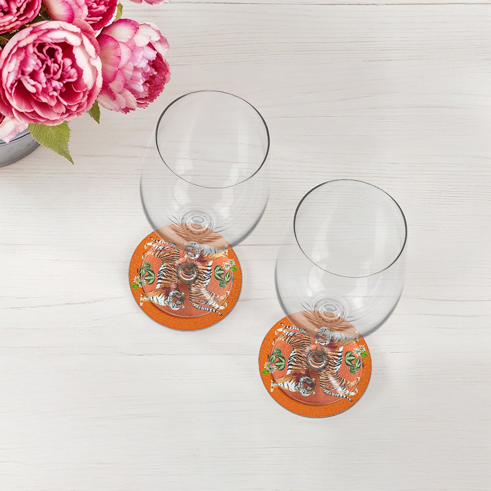 Tiger Seeing Double Orange Vegan Leather Round Coasters