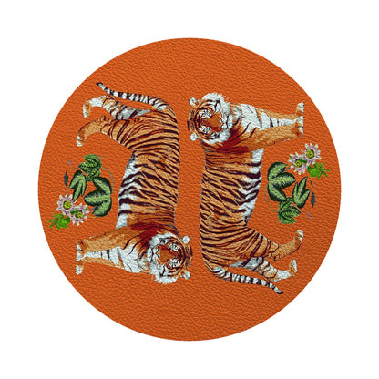 Tiger Seeing Double Orange Vegan Leather Round Coasters
