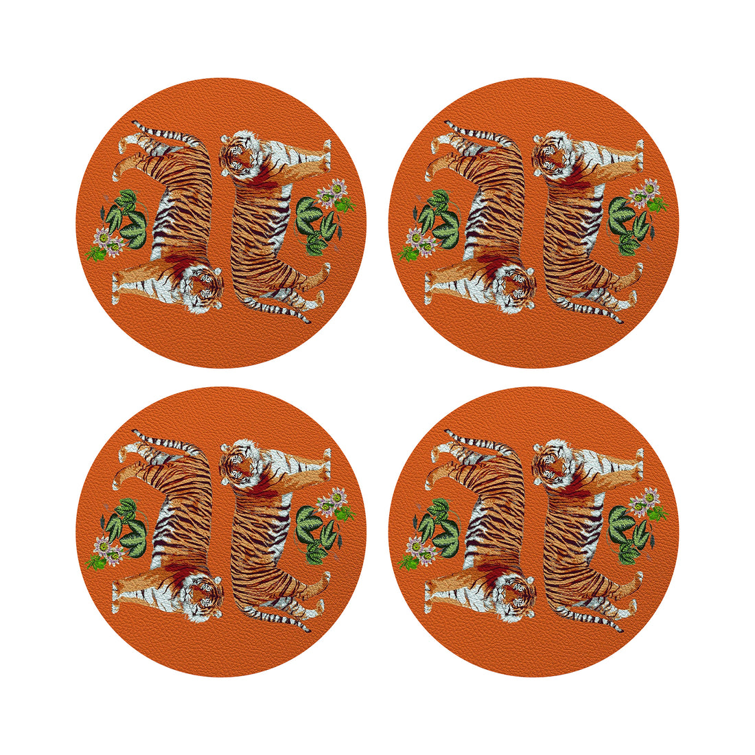 Tiger Seeing Double Orange Vegan Leather Round Coasters