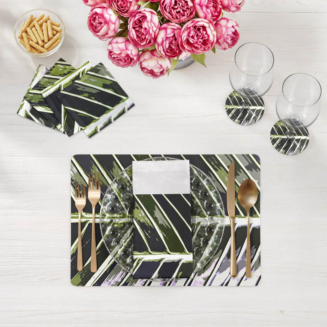 Tropical Leaf Khaki Vegan Leather Rectangle Placemat