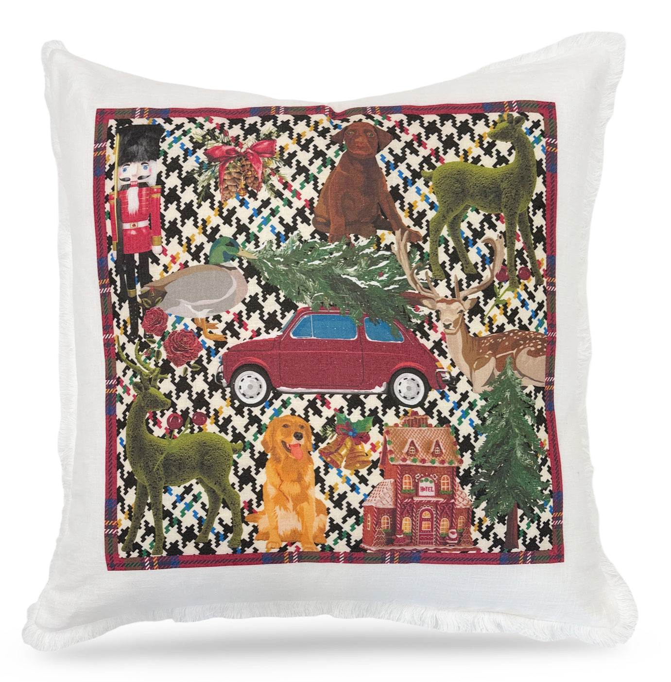 Ultimate Christmas Multi Plaid 22x22 White Fringe Pillow