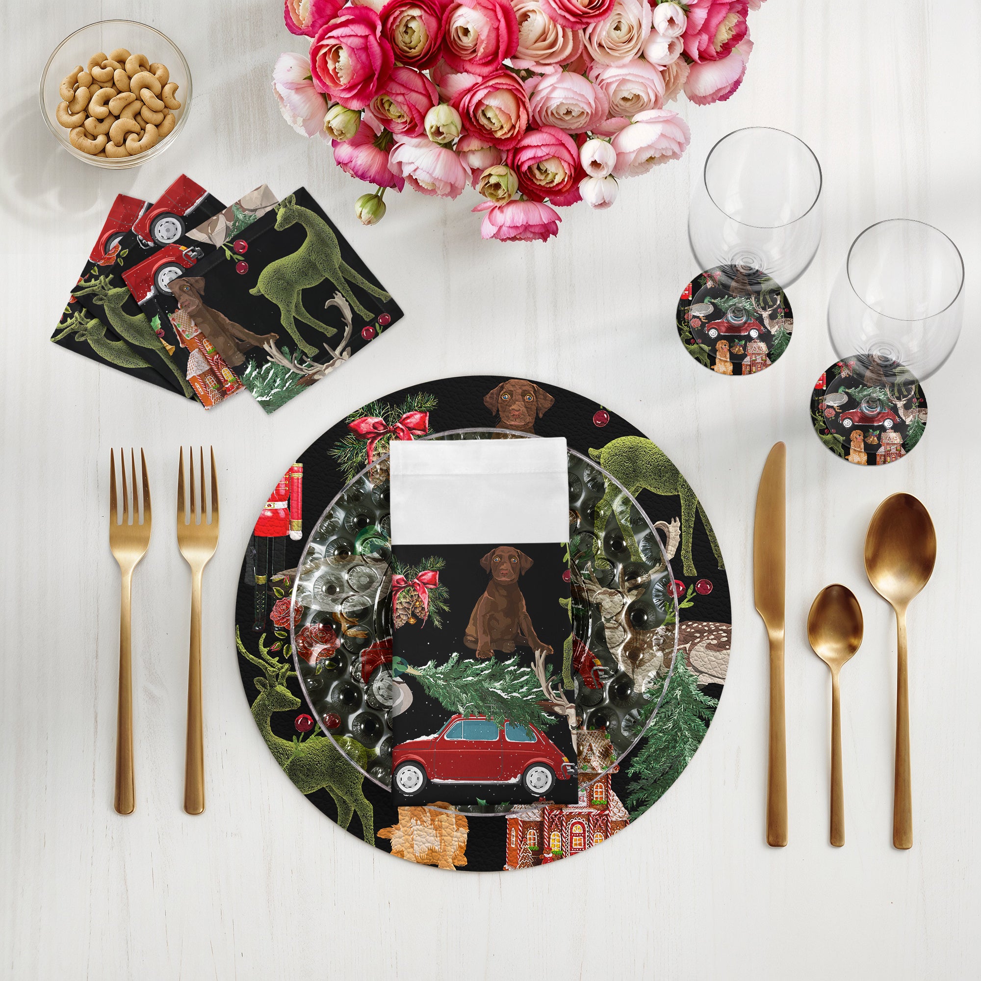 Black Rounded Ractancle Ultimate Christmas Vegan Leather Round Pebble Placemat | nicolettemayer.com