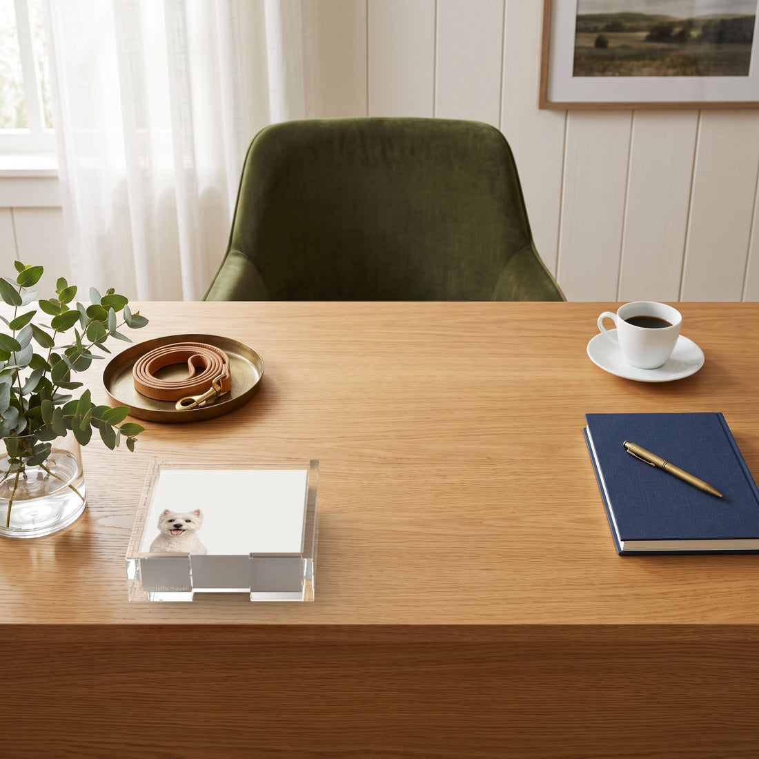 Westie dog note cards in a clear acrylic holder on an oak desk, by Nicolette Mayer