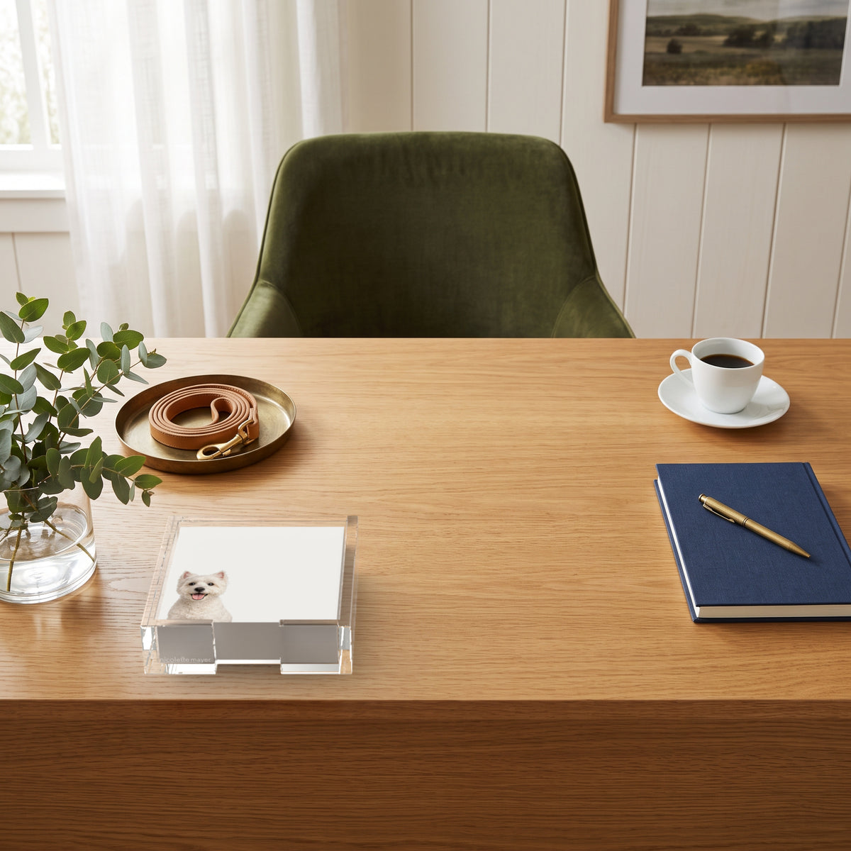 Westie dog note cards in a clear acrylic holder on an oak desk, by Nicolette Mayer