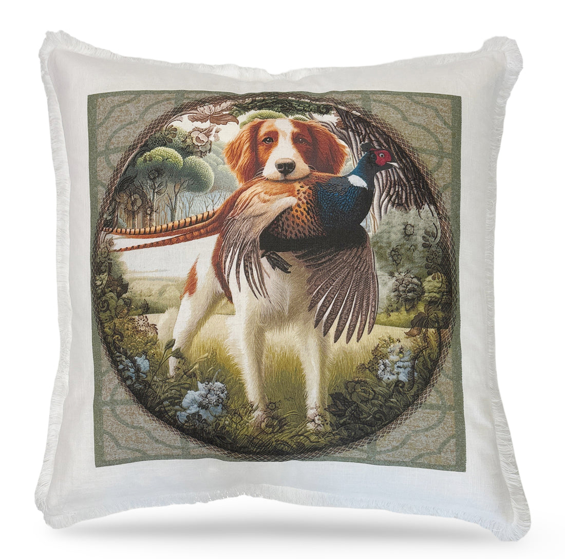 Woodland Hunting Dog 22x22 White Fringe Pillow