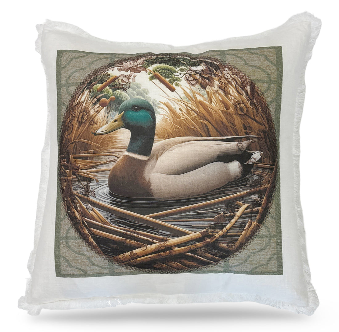 Woodland Mallard Duck 22x22 White Fringe Pillow