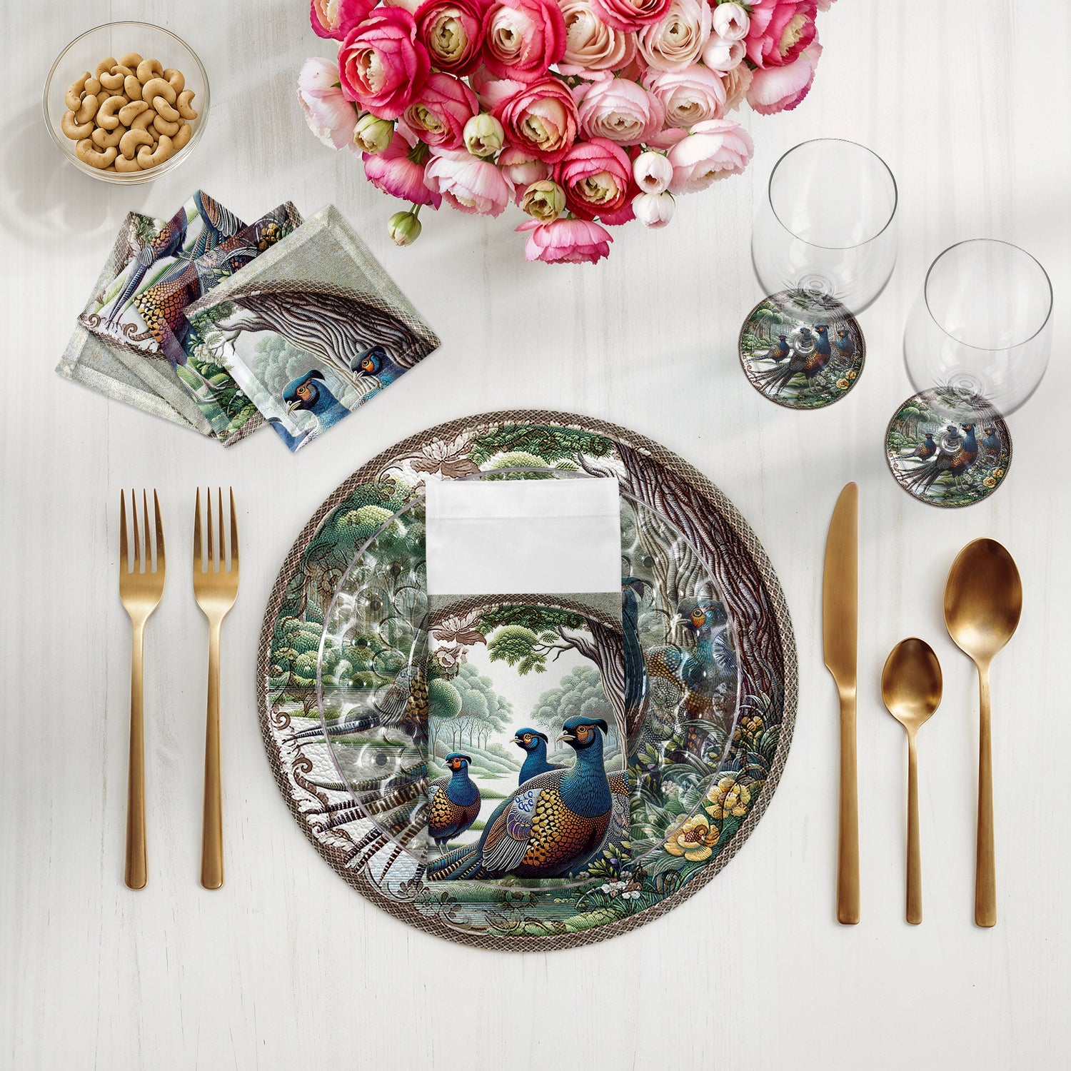 Woodland Pheasant Vegan Leather Round Coasters