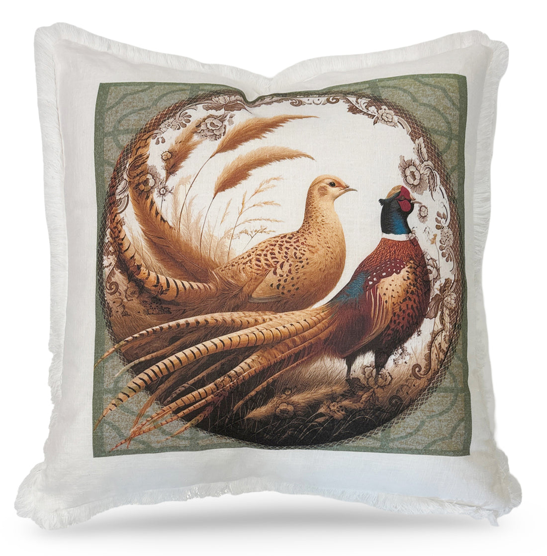 Woodland Pheasant Partners 22x22 White Fringe Pillow