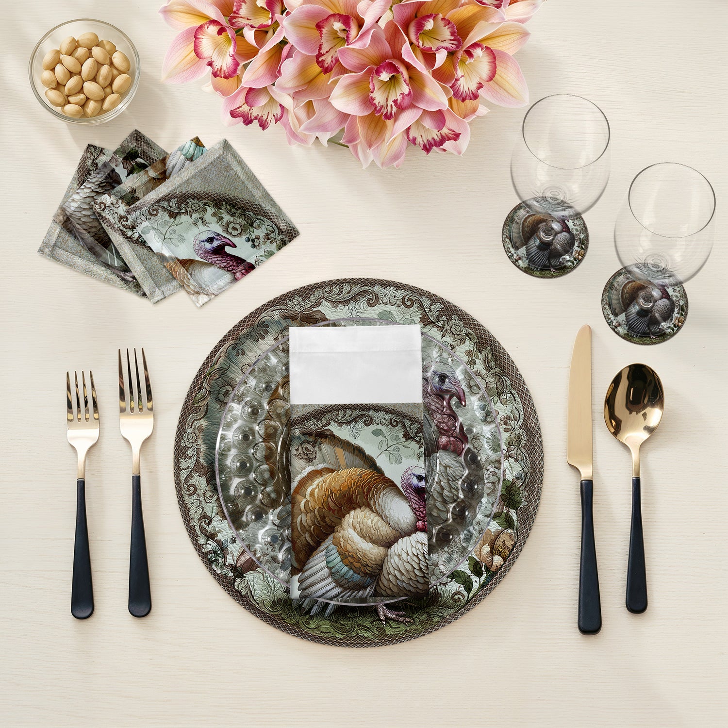 Woodland Turkey Vegan Leather Round Coasters