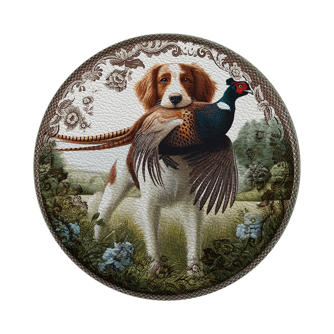 Woodland Hunting Dog Vegan Leather Round Pebble Placemat