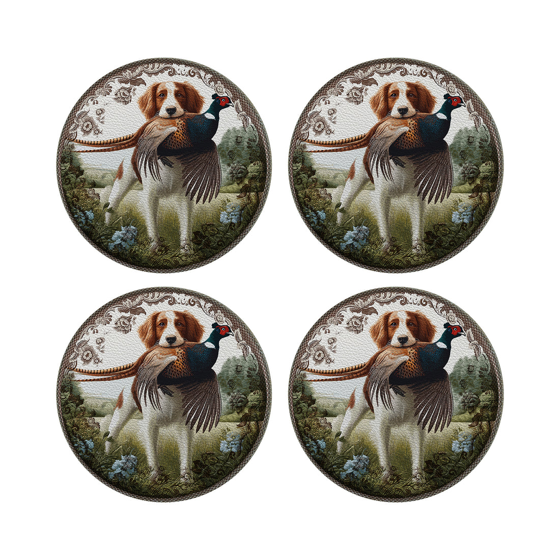 Woodland Hunting Dog Vegan Leather Round Coasters