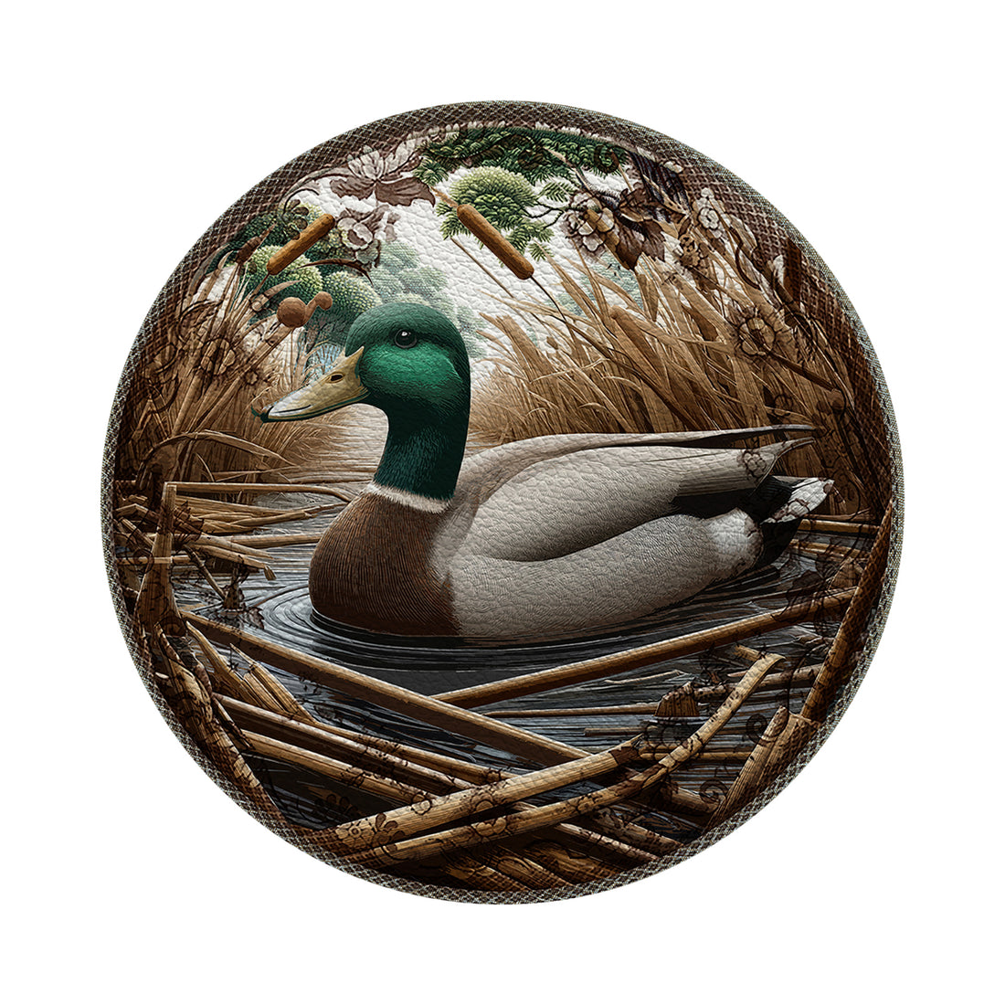 Woodland Mallard Duck Vegan Leather Round Pebble Placemat