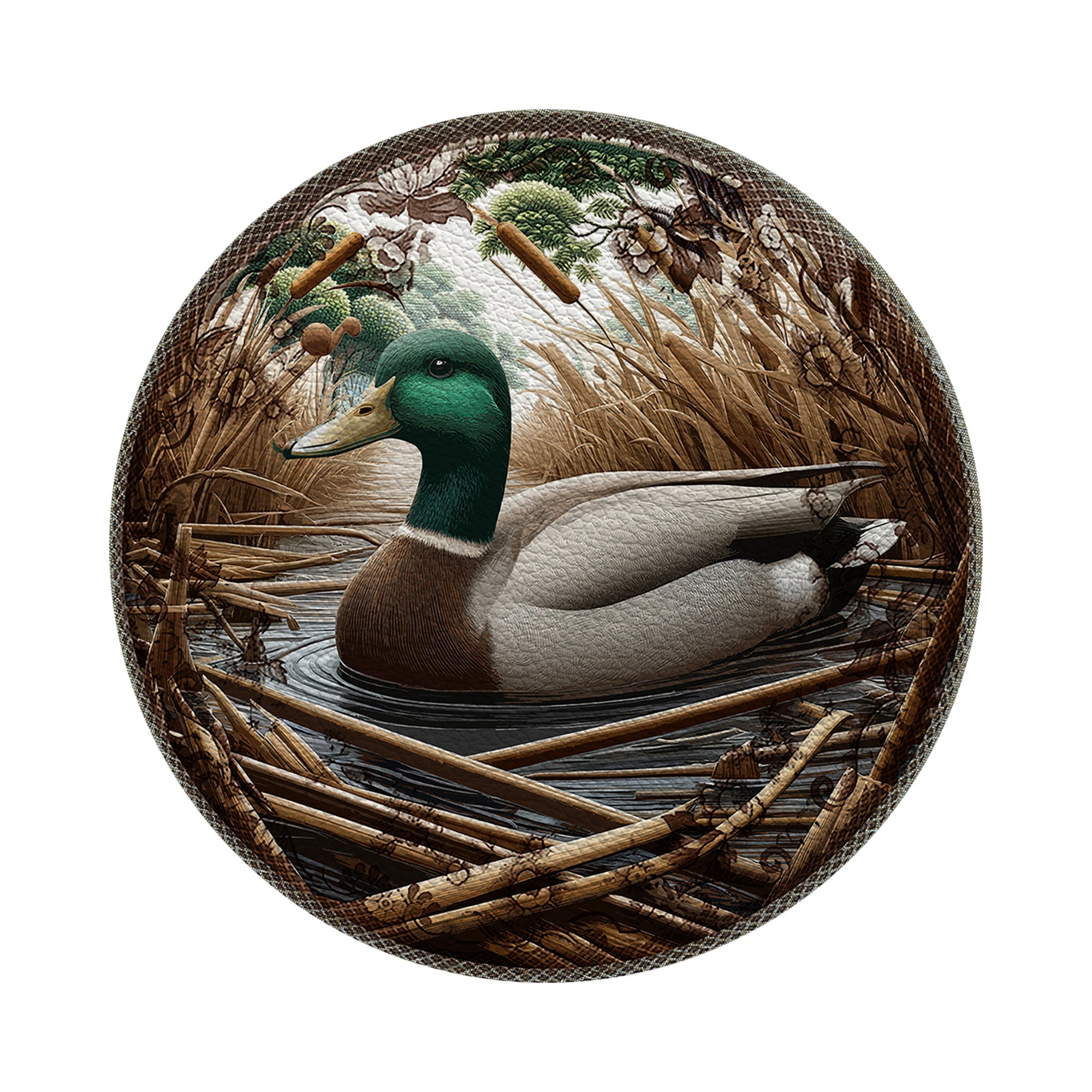 Woodland Mallard Duck Vegan Leather Round Pebble Placemat