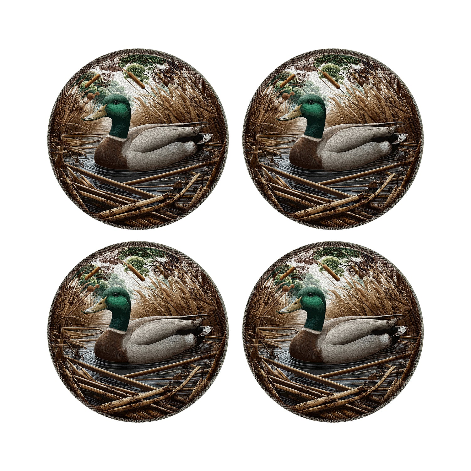 Woodland Mallard Duck Vegan Leather Round Pebble Placemat