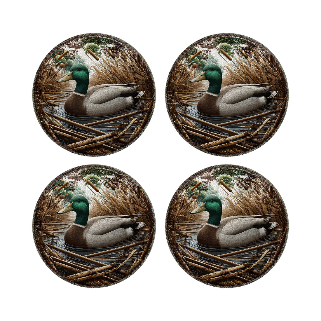 Woodland Mallard Duck Vegan Leather Round Coasters