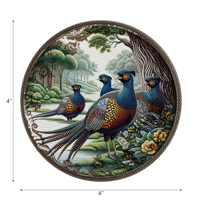 Woodland Pheasant Vegan Leather Round Coasters