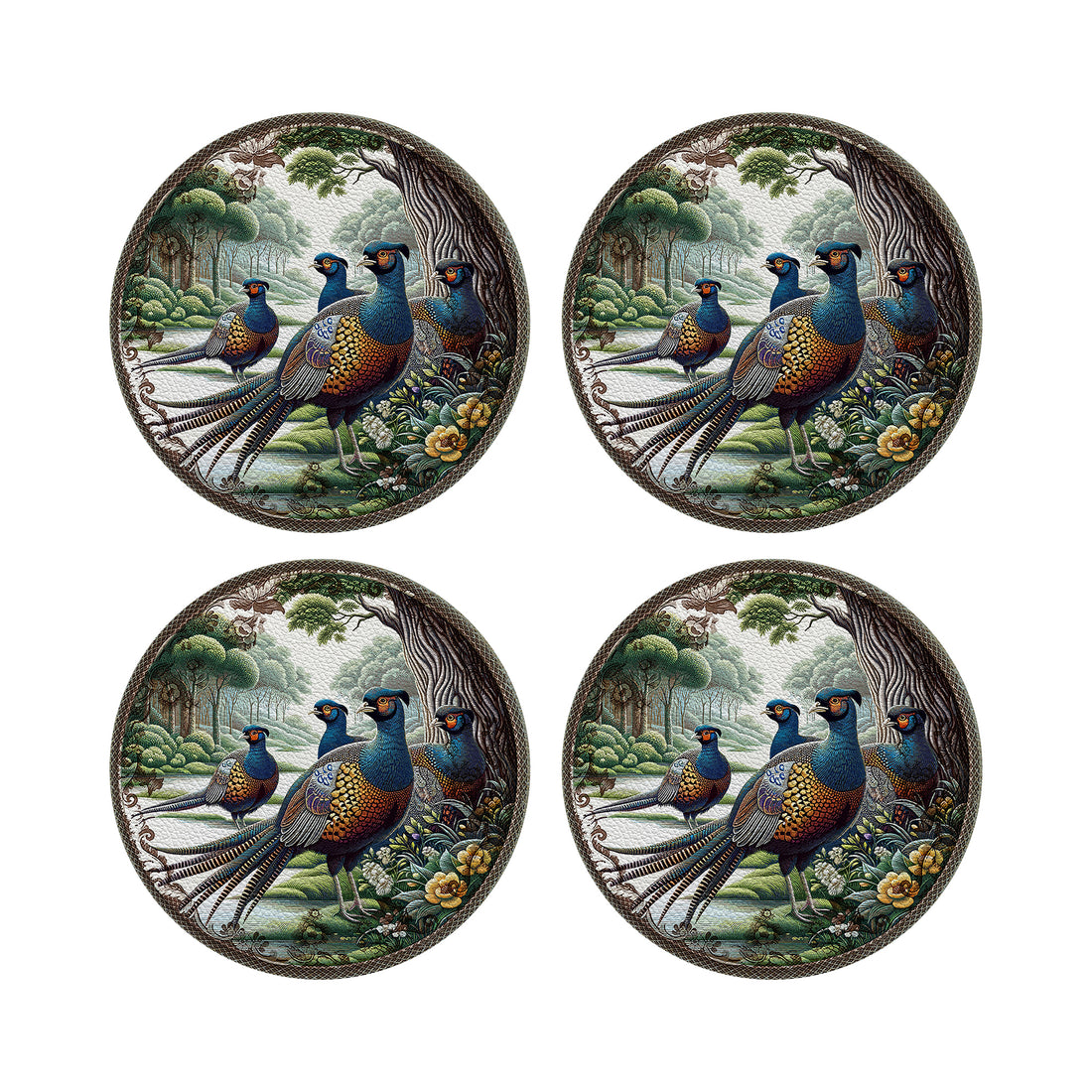 Woodland Pheasant Vegan Leather Round Coasters