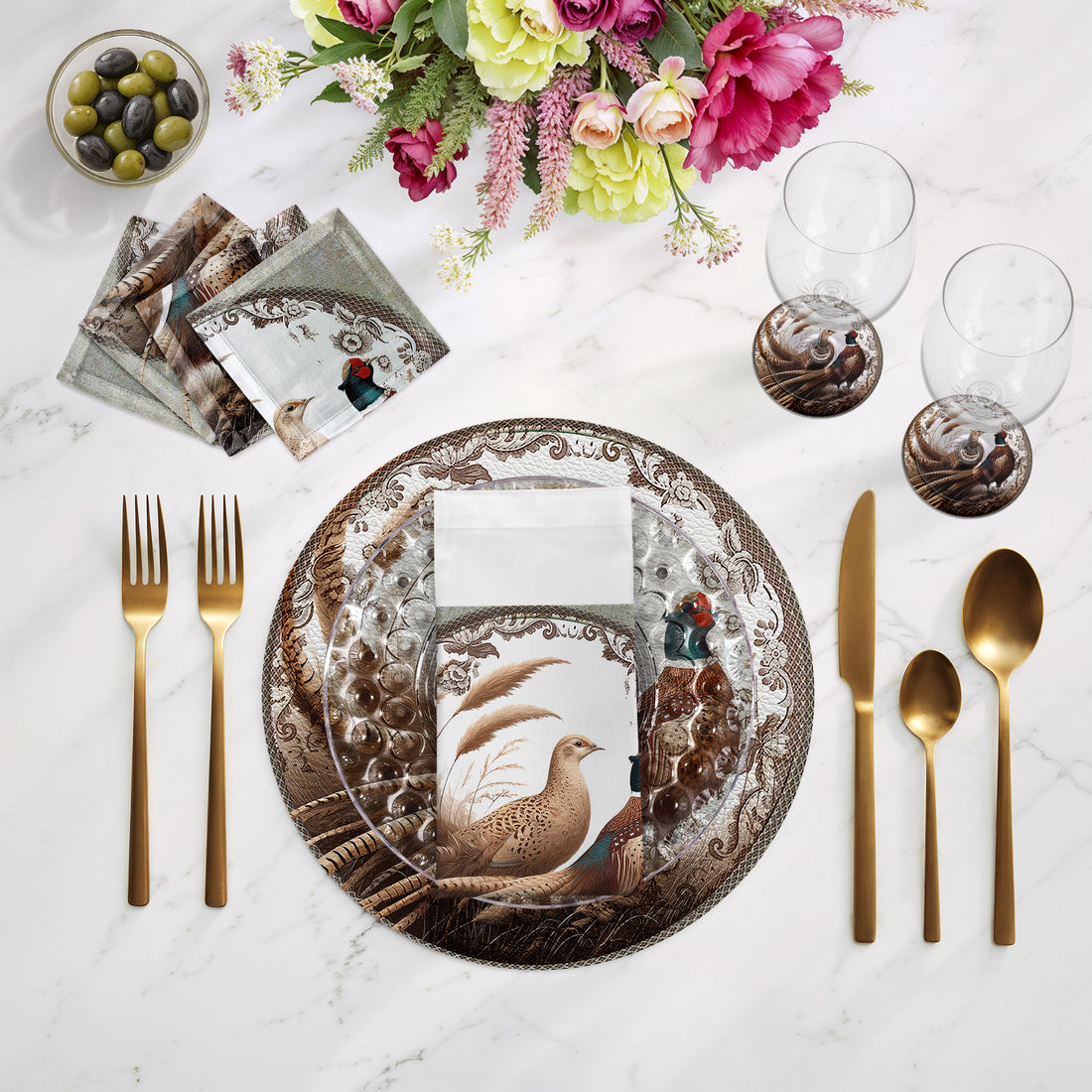 Woodland Pheasant Partners Vegan Leather Round Pebble Placemat