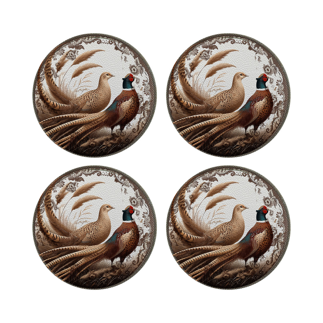 Woodland Pheasant Partners Vegan Leather Round Coasters