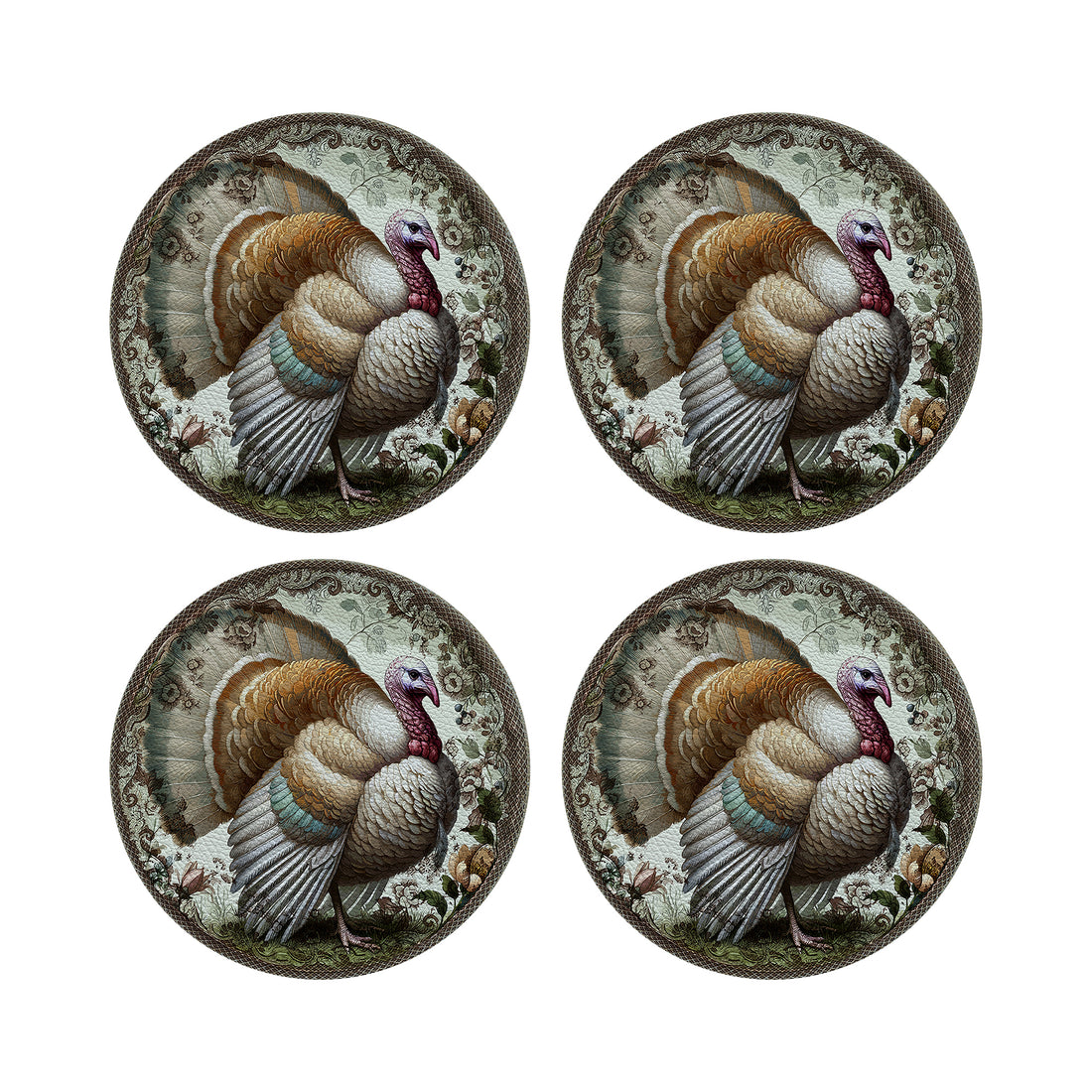 Woodland Turkey Vegan Leather Round Coasters