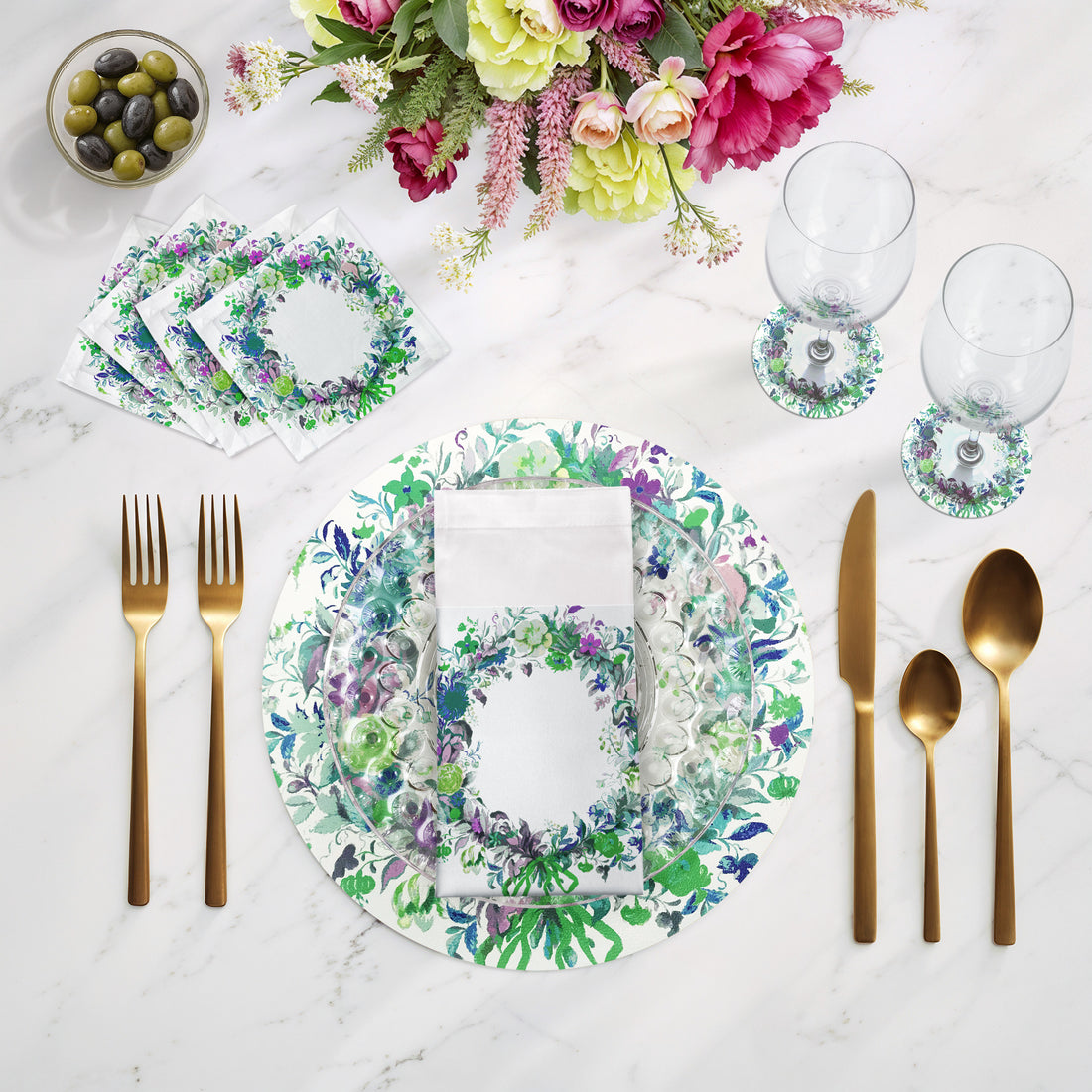 SET DE TABLE RONDS À GALETS, COURONNE DE FLEURS, BLEU, 16, LOT DE 4